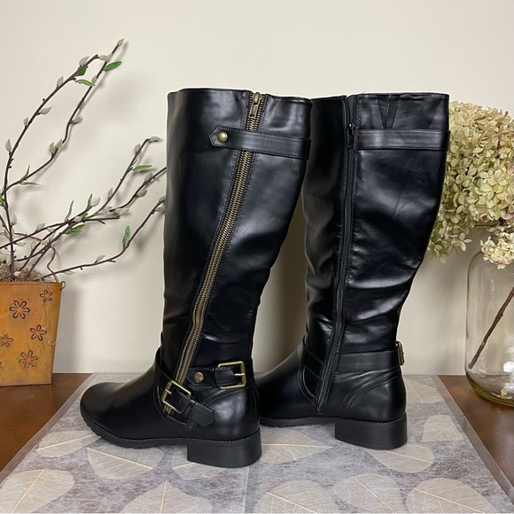 Charlotte Russe Corryn Edgy Wide-Calf Asymmetrical Gold Zipper Buckled Moto Boot - Picture 2 of 16